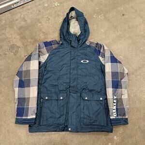 OAKLEY BONK SKI SNOWBOARD JACKET WINTER MEN BLUE MEDIUM PLAID HOODED WATERPROOF